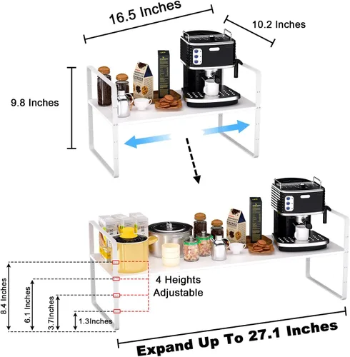 Miniatura 2 de Paquete de 2 organizadores de estantes de gabinete de cocina expandibles, estantes de almacenamiento de despensa de metal apilables, estante Blanco