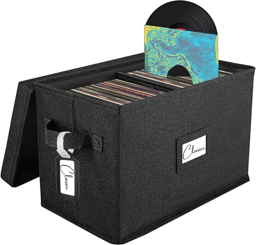 Woodoulogy Caja de almacenamiento de discos de vinilo para LPs de 7 pulgadas/45 RPM, caja negra con tapa con capacidad para hasta 80 álbumes,