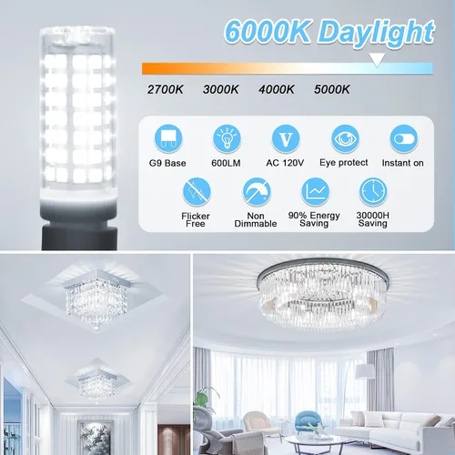 Miniatura 4 de comzler Bombilla LED G9 con base de clavija bi pin G9 de 6 W, luz blanca diurna 6000 K, bombillas G9 para candelabro, base de cerámica, equivalente