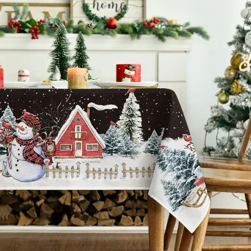 Miniatura 3 de Horaldaily Mantel de Navidad rectangular de 52 x 70 pulgadas, casa de muñeco de nieve de invierno, árboles de Navidad, color negro, lavable