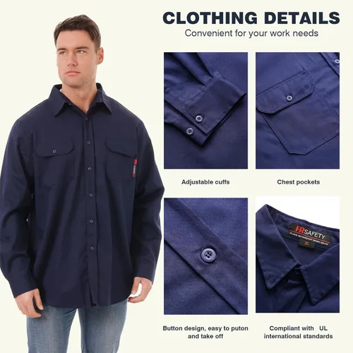 Miniatura 2 de SKSAFETY Camisas FR de 7 oz para hombres, Camisa de Soldadura Hi Vis Resistente a las Llamas 100% Algodón Retardante de Fuego Camisa de Manga Larga