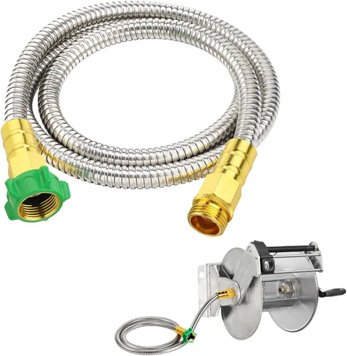 Miniatura 12 de Manguera de jardín corta con conector macho a hembra, manguera líder de metal a prueba de fugas de 2 pies para carrete, tubo de agua flexible