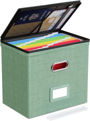 Miniatura 29 de Oterri Paquete de 2 cajas organizadoras de archivos con tapas, caja de archivos con bolsillos de malla, caja organizadora de documentos para Verde