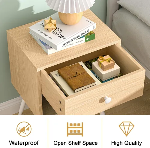 Miniatura 4 de VECELO Juego de 2 mesitas de noche, mesa de noche moderna de mediados de siglo, mesita de noche con cajón de almacenamiento y estante abierto de 2