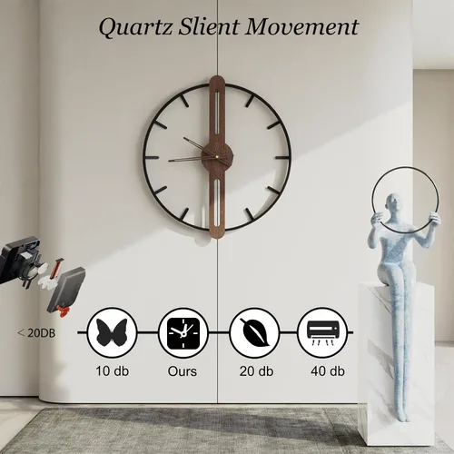 Miniatura 5 de Reloj de pared moderno con esfera de nogal, reloj de pared grande de madera con marco de metal, silencioso, sin tictac, para sala de estar