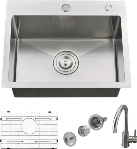 Fregadero de cocina desplegable con grifo, fregadero de cocina de 21 x 18 pulgadas, acero inoxidable inoxidable con montaje superior, cuenco