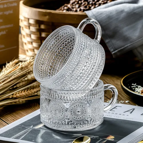 Miniatura 4 de Gezzeny Tazas de Café de Vidrio Vintage con Tapas de Madera de 14 Oz Juego de 2 Tazas de Té en Relieve para Capuchino, Latte, Cereal, Bebidas
