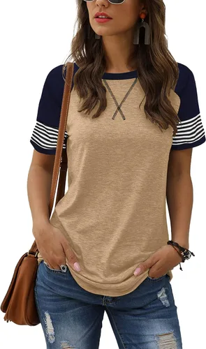 Adibosy - Camiseta de manga corta para mujer con estampado de leopardo, bloque de color, rayas, cuello redondo, tipo túnica y estilo casual, S-XXL