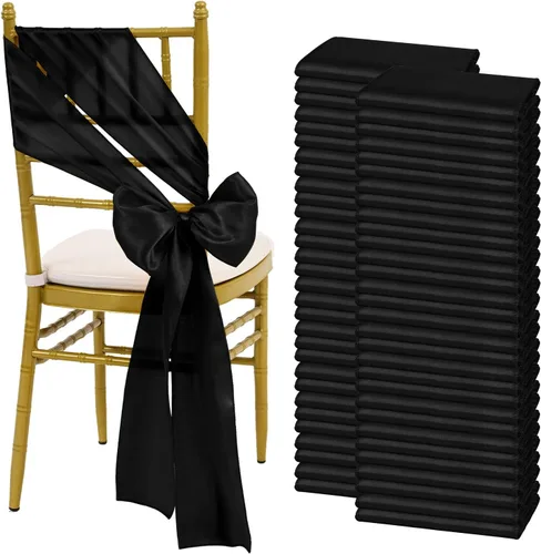 Miniatura 25 de fani 60 cintas de satén negras de 7 x 108 pulgadas para silla, fundas universales para silla, bodas, fiestas de cumpleaños, celebraciones, hoteles
