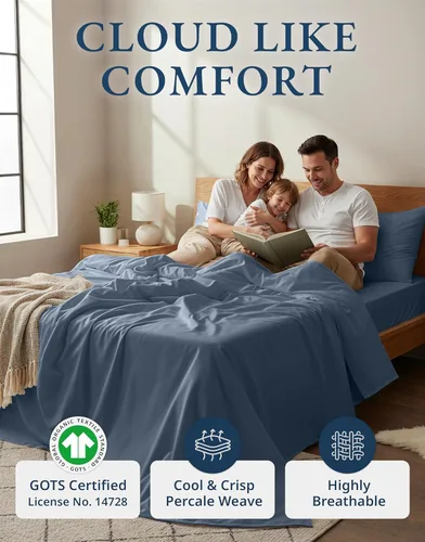 Miniatura 2 de LANE LINEN Sábanas 100% algodón orgánico para cama tamaño King, sábanas de percal suave, transpirables, de lujo, estilo hotelero, lavables a 09
