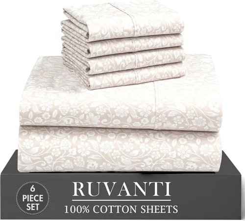 Miniatura 61 de RUVANTI 6 Piezas Sábanas de Algodón - 100% Algodón Natural Suave, Ligeras y Transpirables Sábanas de Percal Crujiente, Sábanas de Cama Tamaño Full