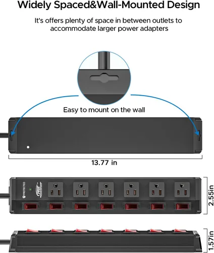 Miniatura 7 de CRST Regleta de alimentación de metal de 6 tomas con interruptores individuales, protector contra sobretensiones montable para garaje, taller