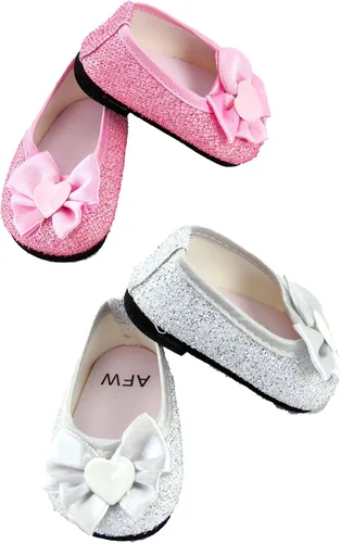Miniatura 4 de American Fashion World Zapatos planos con lazo de diamante metálico rosa intenso, lavanda y verde azulado para muñecas de 14 pulgadas, paquete de 3