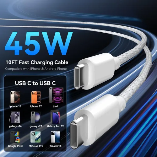 Miniatura 5 de Cargador para teléfono 17 16 Pro Max de carga rápida, bloque de carga USB C súper rápido de 45W con cable de carga trenzado de nylon de 10 pies