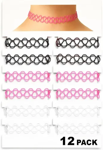 Miniatura 45 de BodyJ4You Juego de 12 gargantillas elásticas estilo tatuaje, accesorios y joyería de los años 90 y 2000, rosado, azul, verde, colorido, arcoíris