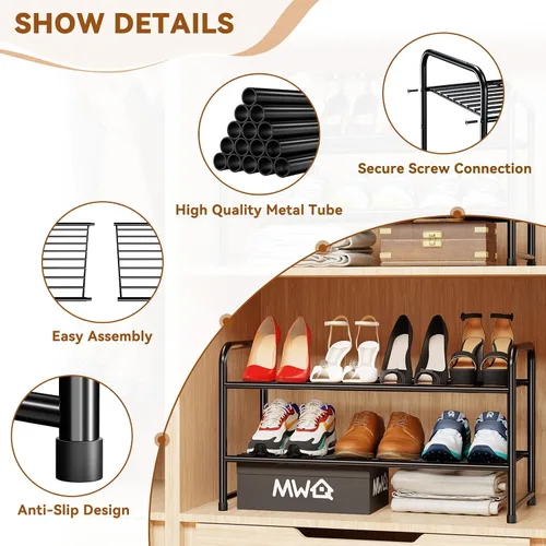 Miniatura 5 de Zapatero simple de 2 niveles y 27 pulgadas de ancho, estante organizador de zapatos de metal resistente para entrada, puerta delantera, color negro