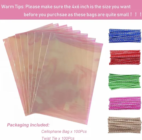 Morepack Bolsas de celofán holográficas iridiscentes para el Día de la Madre, bolsas de galletas de 4 x 6 pulgadas con lazos giratorios de 5 colores