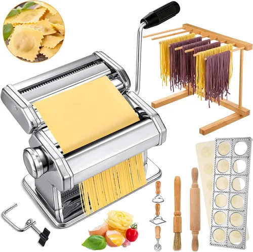 Hushee Juego de 8 Piezas de Máquina para Hacer Pasta Incluyendo Máquina para Hacer Fideos de Acero Inoxidable Estante de Secado de Pasta de Madera