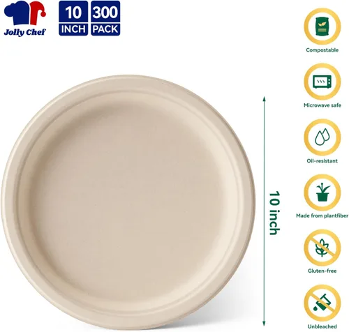 Miniatura 2 de JOLLY CHEF Platos compostables resistentes de 10 pulgadas [Paquete de 300] Platos de papel desechables ecológicos hechos de bagazo biodegradables a