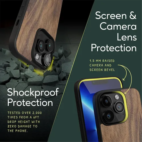 Miniatura 5 de iATO Funda para iPhone 13 Pro: cubierta de madera natural premium, protección de grado militar, ultrafina, compatible con MagSafe, ecológica, nogal