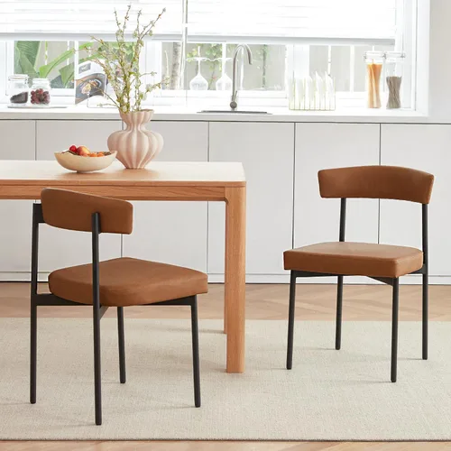 GrandNoor Juego de 2 sillas de comedor de cuero sintético marrón, silla de cocina tapizada sin brazos, silla moderna de comedor con respaldo curvo