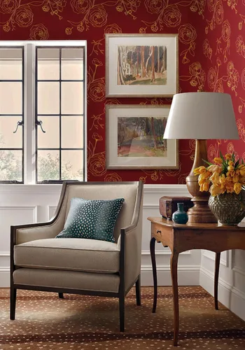 Miniatura 2 de Safiyya Papel tapiz de despegar y pegar de 393" x 17.3", papel de contacto rojo y dorado, papel tapiz floral autoadhesivo removible para cobertura