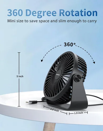 Miniatura 5 de TriPole Ventilador de escritorio USB portátil, potente ventilador de escritorio personal de 3 velocidades con rotación de cabeza de 360°