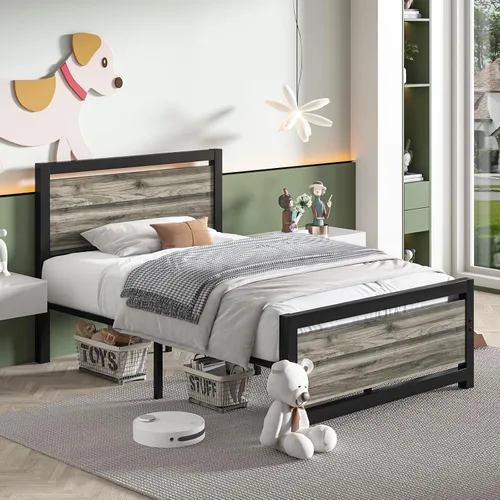 Miniatura 7 de Catrimown - Marcos de cama tamaño individual, marcos de cama individuales con cabecero y pie de cama, marco de cama de plataforma individual de Gris