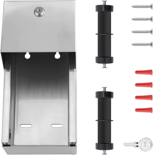 Miniatura 4 de Dispensador de papel higiénico comercial, soporte de doble rollo de acero inoxidable 304, dispensador de pañuelos de montaje en pared con cerradura