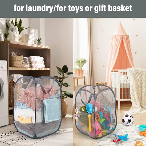 Miniatura 5 de BATTOO Paquete de 3 cestas plegables de malla fuerte para lavandería, cestas plegables con bolsillo lateral reforzadas para baño, habitación