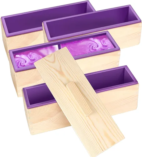 Miniatura 16 de ZOENHOU 2 moldes de jabón morado de 42 onzas con 2 tapas, kit de moldes de silicona rectangulares flexibles con caja de madera, juego