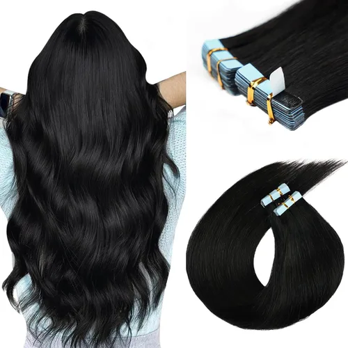 Extensiones de cabello humano adhesivas de 16 pulgadas, extensiones de cabello humano lacio invisible para mujeres, 20 unidades por 1.76 oz,