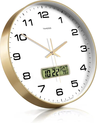 Miniatura 4 de Reloj de pared TIMESS, esfera de 10" sin tictac, silencioso, funciona con pilas, analógico con pantalla LCD para calendario perpetuo y temperatura