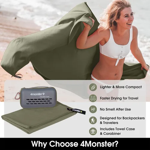 Miniatura 2 de 4Monster Toalla de viaje de secado rápido con estuche y mosquetón, toalla de microfibra súper absorbente para gimnasio y campamento. Compacta
