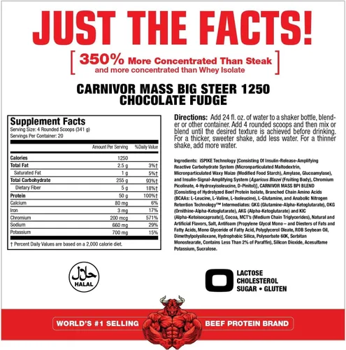 Miniatura 2 de MuscleMeds Carnivor Mass Chocolate Big Steer 1250, 15 libras (el embalaje puede variar)