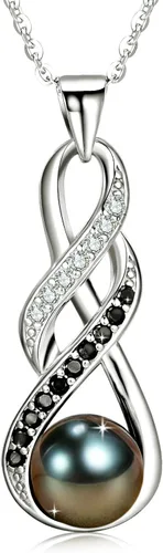 NONNYL Regalos para esposa, aniversario, collar de perlas para mujer, color negro tahitiano, 0.354-0.394 in, calidad AAAA, perlas naturales