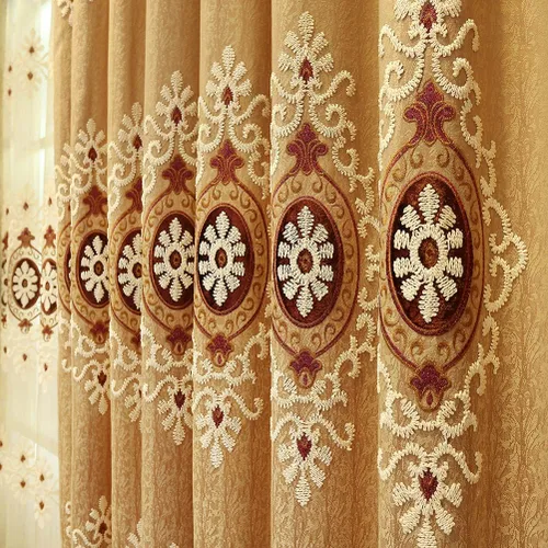 Miniatura 7 de ELKCA Cortinas bordadas de jacquard para dormitorio, cortinas beige de lujo para sala de estar, ojales superiores, 2 paneles