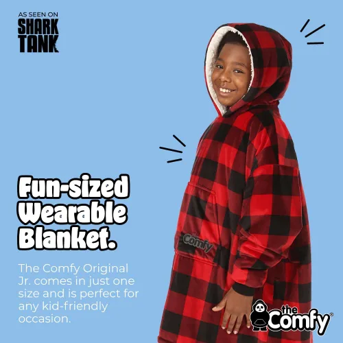 Miniatura 3 de THE COMFY Original Jr para niños Manta de sherpa de forro polar de gran tamaño con capucha y bolsillo Vista en Shark Tank Cuadros rojos