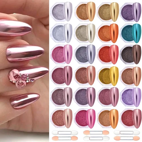 Juego de 24 polvos de uñas cromados – Polvo de pigmento con efecto espejo con purpurina para uñas, manicura de metal camaleón, suministros para uñas