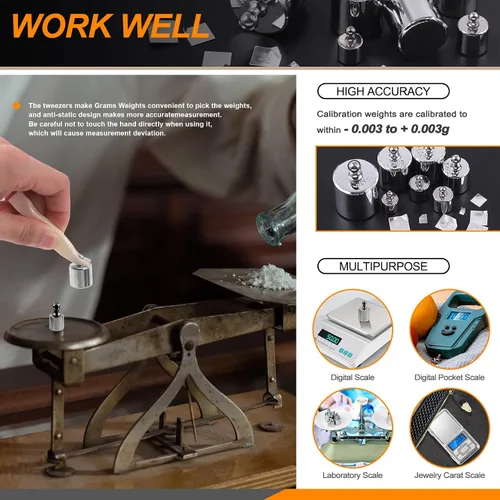 Miniatura 6 de Juego de pesas de calibración de precisión para balanza digital, báscula de joyería (juego de 17.64 oz (gramos y miligramos)