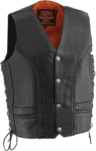 Milwaukee Leather ML1359 - Chaleco de cuero negro para hombre, premium, con encaje lateral, para motociclista, con cierre de broches de níquel de