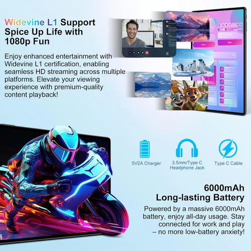 Miniatura 6 de Tableta Android 15 de 10 pulgadas con teclado, 30 GB de RAM 64 GB ROM 2.0 GHz Octa-Core, cámara dual, expansión de 2 TB, Widevine L1, WiFi 5G, BT