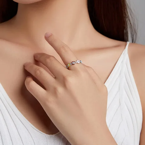 Miniatura 3 de Anillo de mal de ojo para mujeres y niñas, plata de ley 925 azul Hamsa con esmalte de ojos malvados de circonita cúbica, delicados ojos turcos