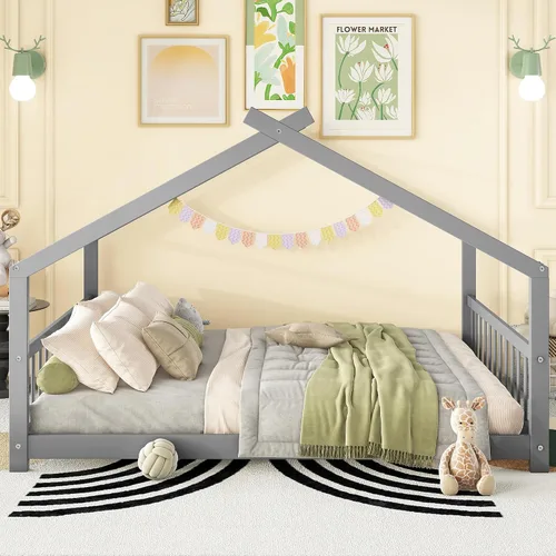 Miniatura 3 de Montessori - Marco de cama de suelo tamaño matrimonial, marco de cama de piso completo con cabecero, estribo y listones, marco de cama Montessori