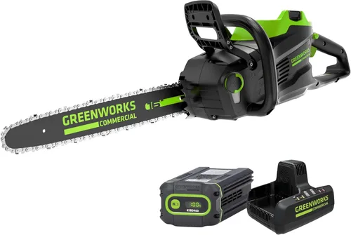 Greenworks - Motosierra sin escobillas de 82 V, 16 pulgadas (2,4 kW) inalámbrica (225 cortes por carga), batería de 4,0 Ah y cargador rápido de