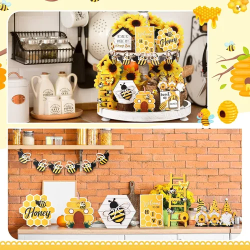 Miniatura 6 de Amyhill Juego de 15 piezas de decoración de bandeja escalonada de abejas de verano, juego de decoración de bandeja escalonada de colmena de abeja