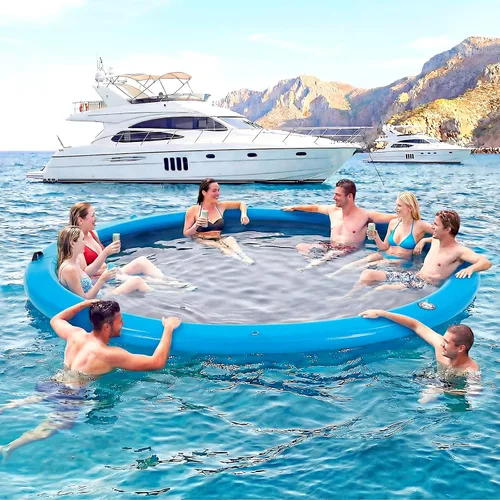 Miniatura 7 de Muelle flotante inflable redondo de 6 a 12 pies, anillo de flotador Sunchill, hamaca de agua para broncear flotadores de piscina con tela tejida