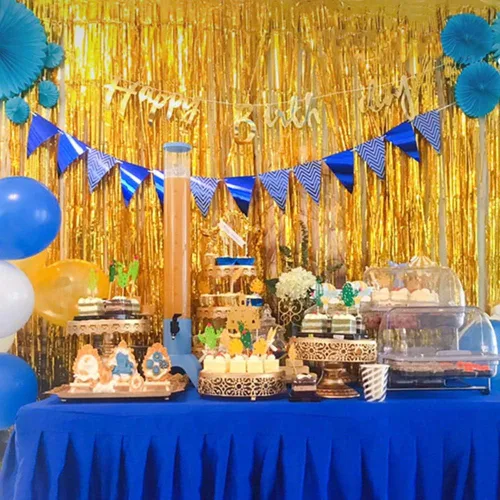 Miniatura 7 de Cortina de telón de fondo dorado con flecos para decoración de fiestas, 6.5 x 6.5 pies, paquete de 2 cortinas de papel de aluminio dorado