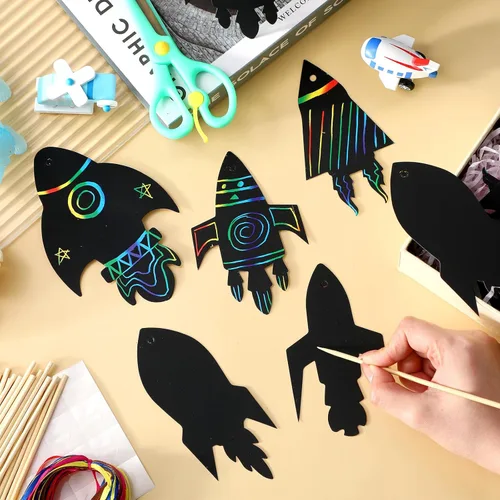Miniatura 4 de Liliful Juego de 48 tarjetas de rascar de cohete con temática espacial para fiestas, manualidades, tarjetas de papel, recuerdos artísticos