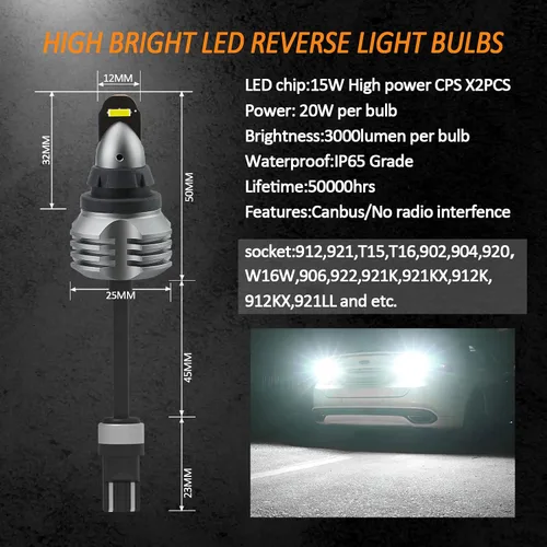 Miniatura 2 de Bestview Bombilla LED 912 921 T15 mejorada para luz de marcha atrás de respaldo, 6000 lúmenes, bombillas LED W16W brillantes, luz de marcha atrás